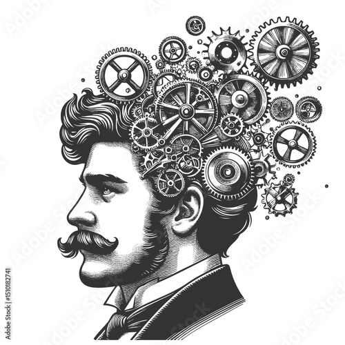 man profile with gears, tools, lightbulb symbolizing innovation and creativity sketch engraving generative ai fictional character vector illustration. Scratch board imitation. Black and white image.