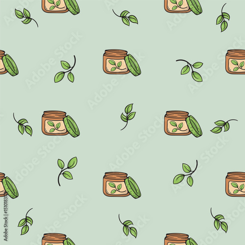 Cosmetic cream. SPA procedures. Vector seamless pattern. Bright illustration for background, print, wrapping paper. Repeating pattern on green background