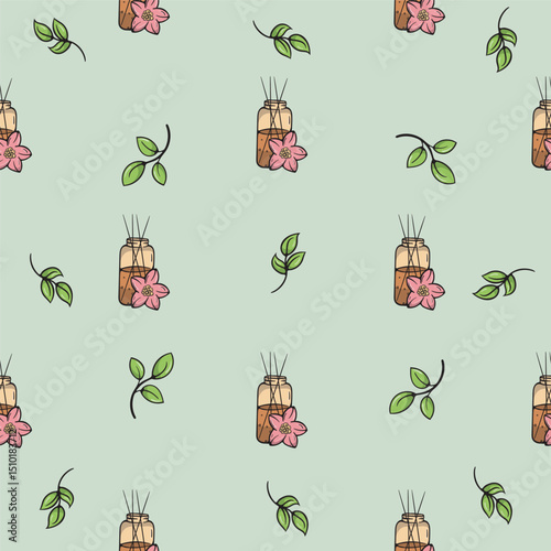 Cosmetic oil and lotus flowers with leaves. Vector seamless pattern. Bright illustration for background, print, wrapping paper. Repeating pattern on green background