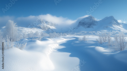 Snowy Landscape with Frosted Trees and Majestic Mountains