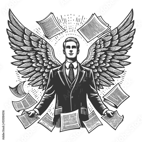 businessman angel with wings and halo moral leadership in business sketch engraving generative ai fictional character vector illustration. Scratch board imitation. Black and white image.