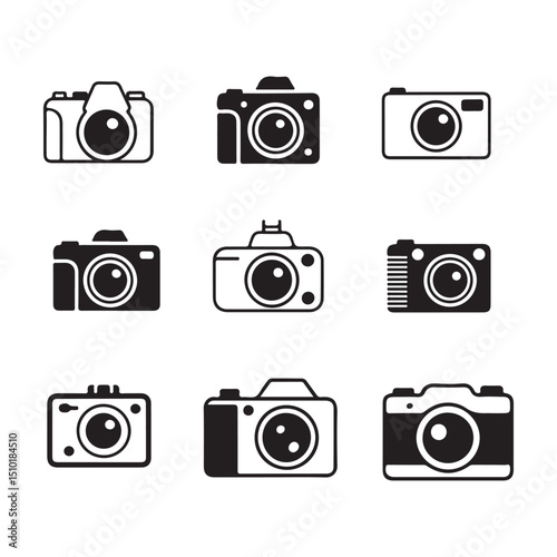 A set of four different camera icons in a simple, clean, black and white style on white 
