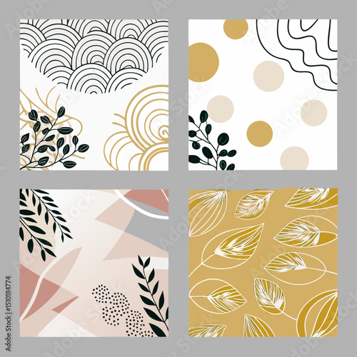 Wallpaper Mural Modern Abstract Square Designs Featuring Organic Florals and Geometric Shapes — Ideal for Social Media, Wall Decor, and Artistic Projects. Torontodigital.ca
