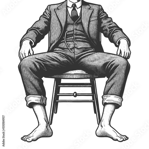 Barefoot businessman sketch engraving generative ai fictional character vector illustration. Scratch board imitation. Black and white image.