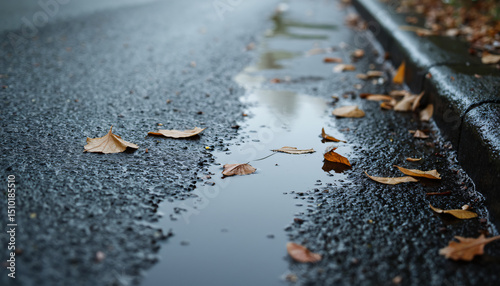 Wet Asphalt Road with Fallen Leaves and Puddle