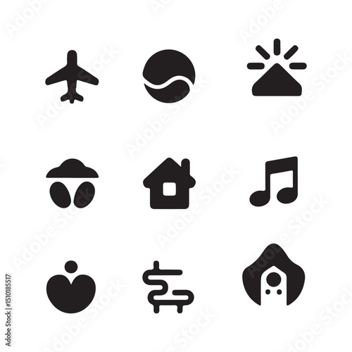 A collection of black solid icons, likely for mobile applications or websites on white background