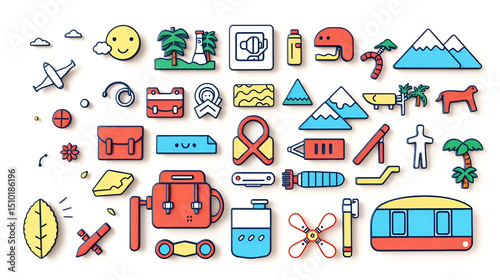Travel icons representing vacation essentials and activities for outdoor adventures and tourism