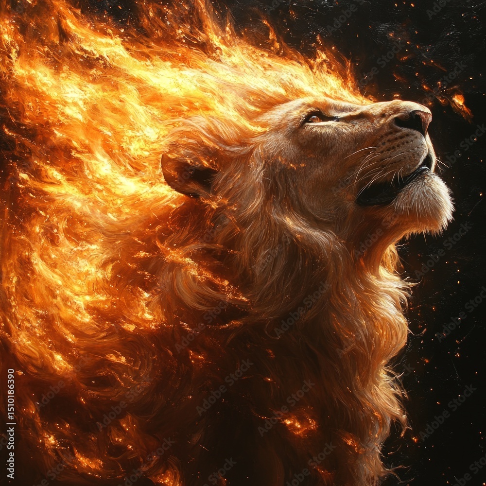 Naklejka premium Majestic lion engulfed in flames