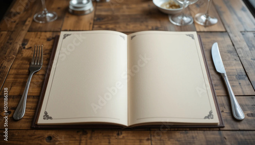 Elegant Restaurant Menu Mockup Blank, Open Menu Book on Wooden Table