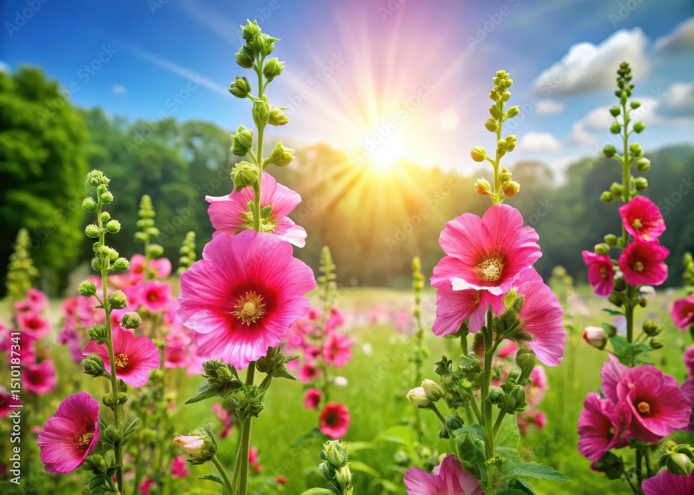 Fototapeta premium Bright pink hollyhocks flowers in a lush green meadow with a clear blue sky and soft sunlight filtering through the trees