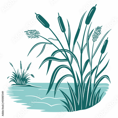 Reeds and cattails growing at water's edge in a serene and natural flat design