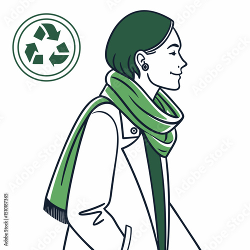 Person wearing a green scarf with eco symbol promoting sustainability in a flat design
