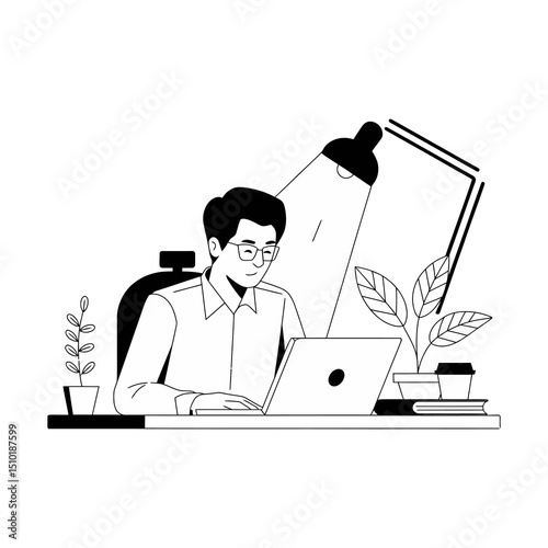 Professional Male Working on Laptop in Modern Workspace with Plants and Books