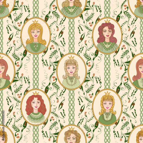 Vector seamless pattern of fairy tale princess portraits and green pea wallpapers on a beige background
