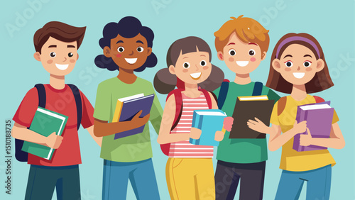 Diverse Group of Cartoon Students with Books and Backpacks on Light Blue Background