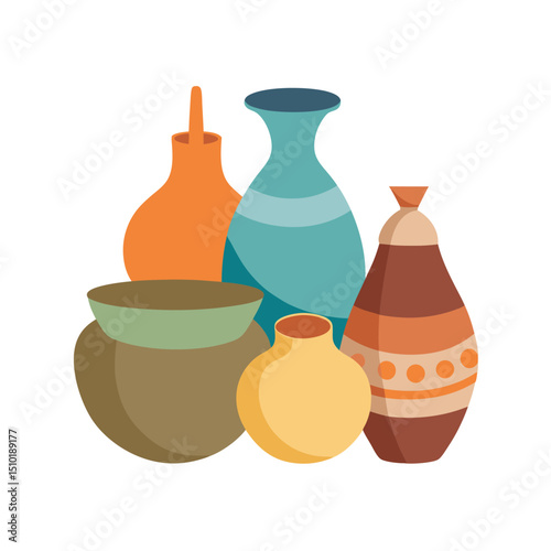 Colorful grouping of decorative ceramic vases in flat design style on white background