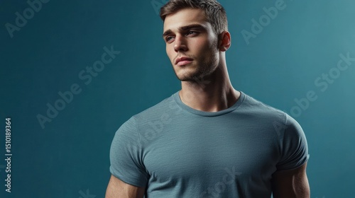 Male model with tapered haircut wearing fitted T-shirt