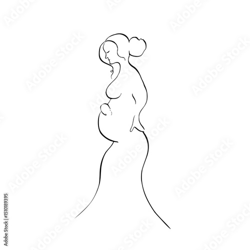 Vector pregnant woman. Hand painted linear contour, silhouette, elegant curves. Graphic girl gracefully holding her belly clipart isolated. Tattoo illustration. For designers, invitations, decoration