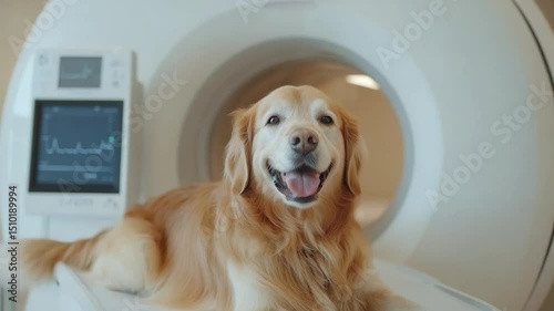 Dog undergoing scan in medical imaging machine veterinary care pet health canine diagnostic technology