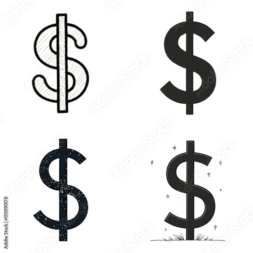 A collection of illustrations of the dollar symbol with decorative elements, the concept of finance and wealth.