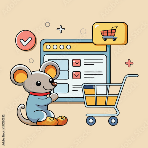 Cute Cartoon Mouse Shopping Online with a Website and Shopping Cart Perfect for E commerce and Digital Marketing