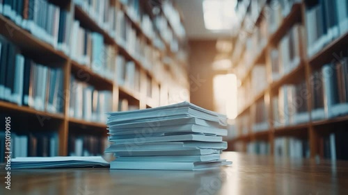 Pile of paper on table with bookshelves background for copy space information management