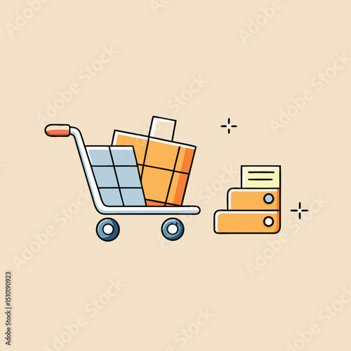 Minimalist Illustration of Shopping Cart with Boxes and Cash Register on Beige Background for E Commerce and Retail Concepts