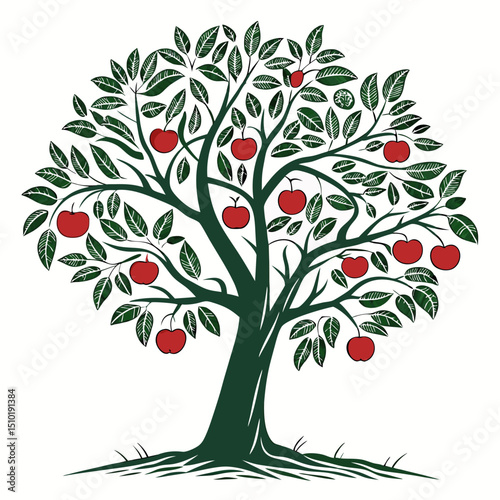 Fruiting apple tree with red apples in a lush, round shape in flat design