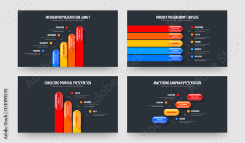 Creative Planning Four Five Three Four Element Infographic Slide Layout Vector Illustration Set. Financial Portfolio 4 5 3 4 Step Diagram Presentation Design Bundle.