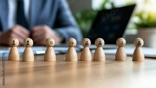 Wooden figures representing business teamwork concept on desk with laptop