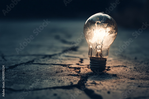 Concept about blackout with a bulb lamp on with electricity over a broken floor