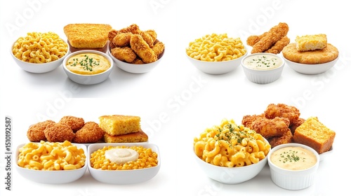 Four quadrants of food, showcasing mac and cheese, chicken tenders, and cornbread.  Each quadrant features a dish of mac and cheese, tenders, and cornbread, served with a dipping sauce
