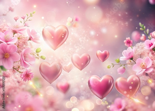A cluster of pink hearts floating in mid-air with delicate floral patterns and gentle sparkle