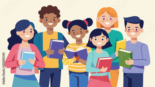 Cartoon Illustration of Diverse Students Holding Books, Smiling, Education and Learning Concept