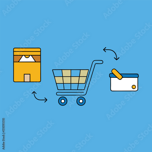 Online Shopping Cycle with Store Shopping Cart and Basket on Light Blue Background for E commerce and Retail Concepts Illustration