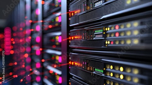 Server racks in data center with glowing lights technology infrastructure