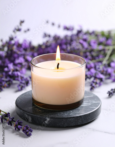 A single lit candle sitting on a smooth stone coaster surrounded by fresh lavender sprigs.