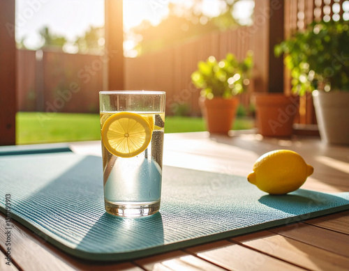 A neatly arranged glass of water with lemon slices placed on a yoga mat by sunlight.