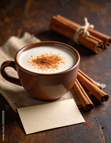 A warm cup of milk froth sprinkled with cinnamon placed beside a small, handwritten note.