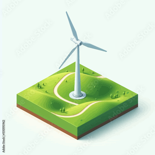 A wind turbine on a grassy hill, created in a 3D isometric style. This image is great for websites or blogs about renewable energy, sustainability, or environmental topics.

