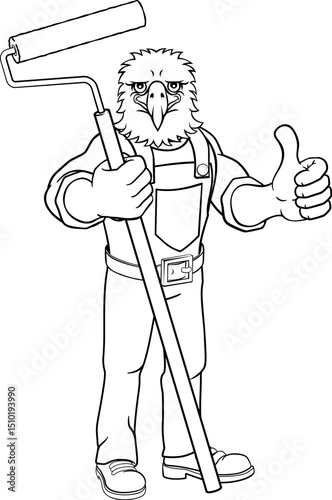 An eagle painter decorator handyman cartoon construction man mascot character holding a paint roller tool