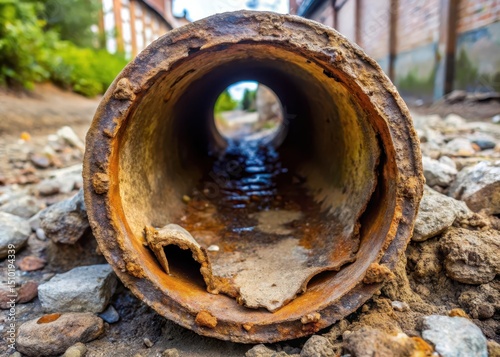 Old cracked sewer pipe with rust and dirt accumulation
