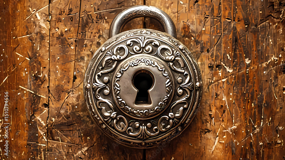custom made wallpaper toronto digitalVintage Circular Lock with Intricate Detail on Wood Digital Illustration