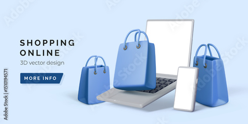 Online Shopping with Smartphone and Laptop. Modern 3D Concept of E-Commerce, Delivery, and Digital Retail Experience. Minimal Blue Background Scene. Vector