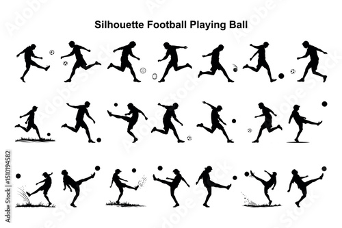 Football Players Silhouette Set on White Background Running and Kicking Balls
