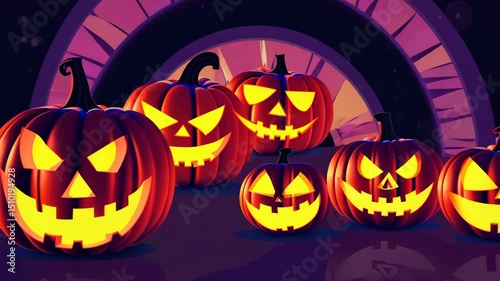 Spooky Halloween Carved Pumpkins Gathering: A chilling assemblage of carved pumpkins, their ominous grins aglow against a backdrop of shadowy mystery, embodies the spirit of Halloween.
