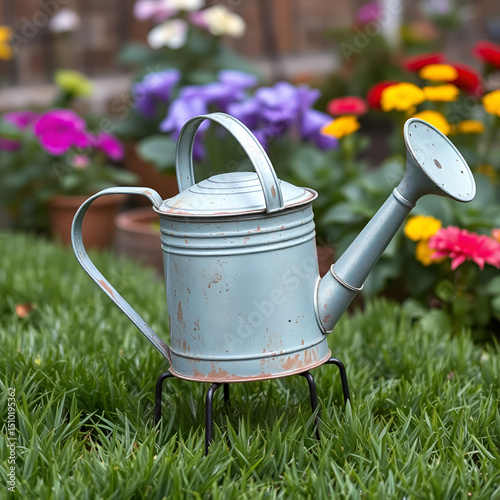 An old metal watering can for watering flower beds in the garden stands on the green grass.