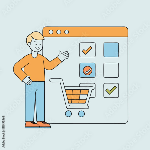 Online Shopping Experience with Man Presenting a Website Interface with a Shopping Cart and Checkmarks in a Clean Modern Style