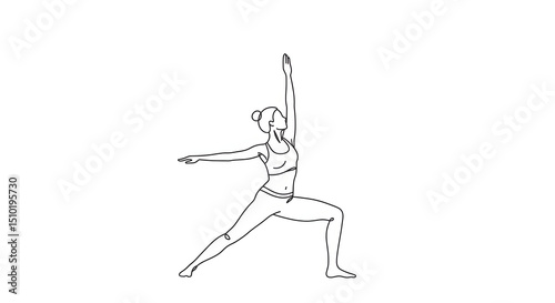 Minimalist Line Drawing of Woman Practicing Yoga in Warrior Pose on White Background