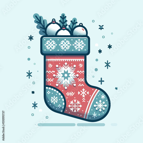 Christmas stocking, filled with ornaments and pine branches, is adorned with snowflakes and patterns. Ideal for websites/blogs about holidays, winter decor, gifts, festive celebrations, or seasonal 